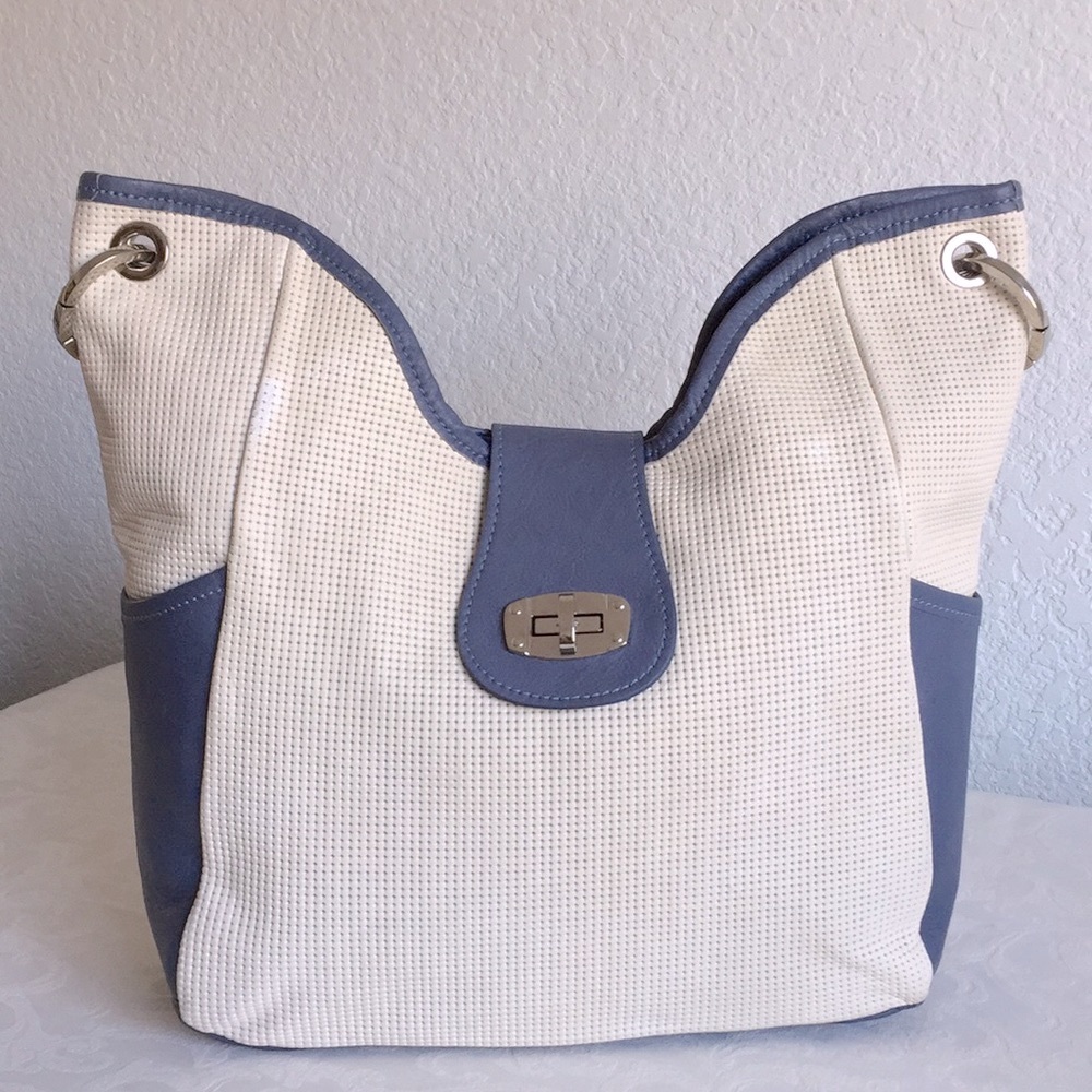Vin baker blue white navy textured leather hobo bag